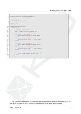 Visão Geral do ASP .NET MVC
1
2 @model LivrariaVirtual.Models.Editora
3
4 @{
5 ViewBag.Title = "Edit";
6 }
7
8 <h2>Edit</h2>
9
10 @using (Html.BeginForm()) {
11 <fieldset>
12 <legend>Editora</legend>
13
14 @Html.HiddenFor(model => model.Id)
15
16 <div class="editor-label">
17 @Html.LabelFor(model => model.Nome)
18 </div>
19 <div class="editor-field">
20 @Html.EditorFor(model => model.Nome)
21 </div>
22
23 <div class="editor-label">
24 @Html.LabelFor(model => model.Email)
25 </div>
26 <div class="editor-field">
27 @Html.EditorFor(model => model.Email)
28 </div>
29
30 <p>
31 <input type="submit" value="Save" />
32 </p>
33 </fieldset>
34 }
Ao submeter o formulário, requisição POST por padrão, devemos ter um método para esta
action que receberá os dados enviados e fará a alteração em nossa base de dados.
www.k19.com.br 72
 