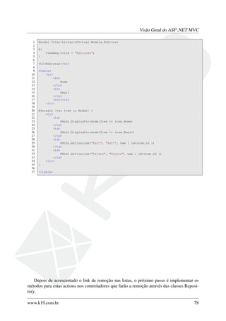 Visão Geral do ASP .NET MVC
1 @model IList<LivrariaVirtual.Models.Editora>
2
3 @{
4 ViewBag.Title = "Editoras";
5 }
6
7 <h2>Editoras</h2>
8
9 <table>
10 <tr>
11 <th>
12 Nome
13 </th>
14 <th>
15 Email
16 </th>
17 <th></th>
18 </tr>
19
20 @foreach (var item in Model) {
21 <tr>
22 <td>
23 @Html.DisplayFor(modelItem => item.Nome)
24 </td>
25 <td>
26 @Html.DisplayFor(modelItem => item.Email)
27 </td>
28 <td>
29 @Html.ActionLink("Edit", "Edit", new { id=item.Id })
30 </td>
31 <td>
32 @Html.ActionLink("Delete", "Delete", new { id=item.Id })
33 </td>
34 </tr>
35 }
36
37 </table>
Depois de acrescentado o link de remoção nas listas, o próximo passo é implementar os
métodos para estas actions nos controladores que farão a remoção através das classes Reposi-
tory.
www.k19.com.br 78
 