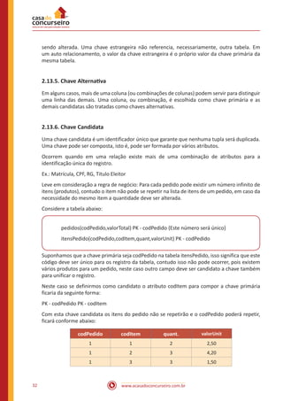 www.acasadoconcurseiro.com.br32
sendo alterada. Uma chave estrangeira não referencia, necessariamente, outra tabela. Em
um auto relacionamento, o valor da chave estrangeira é o próprio valor da chave primária da
mesma tabela.
2.13.5. Chave Alternativa
Em alguns casos, mais de uma coluna (ou combinações de colunas) podem servir para distinguir
uma linha das demais. Uma coluna, ou combinação, é escolhida como chave primária e as
demais candidatas são tratadas como chaves alternativas.
2.13.6. Chave Candidata
Uma chave candidata é um identificador único que garante que nenhuma tupla será duplicada.
Uma chave pode ser composta, isto é, pode ser formada por vários atributos.
Ocorrem quando em uma relação existe mais de uma combinação de atributos para a
identificação única do registro.
Ex.: Matrícula, CPF, RG, Titulo Eleitor
Leve em consideração a regra de negócio: Para cada pedido pode existir um número infinito de
itens (produtos), contudo o item não pode se repetir na lista de itens de um pedido, em caso da
necessidade do mesmo item a quantidade deve ser alterada.
Considere a tabela abaixo:
pedidos(codPedido,valorTotal) PK - codPedido {Este número será único}
itensPedido(codPedido,codItem,quant,valorUnit) PK - codPedido
Suponhamos que a chave primária seja codPedido na tabela itensPedido, isso significa que este
código deve ser único para os registro da tabela, contudo isso não pode ocorrer, pois existem
vários produtos para um pedido, neste caso outro campo deve ser candidato a chave também
para unificar o registro.
Neste caso se definirmos como candidato o atributo codItem para compor a chave primária
ficaria da seguinte forma:
PK - codPedido PK - codItem
Com esta chave candidata os itens do pedido não se repetirão e o codPedido poderá repetir,
ficará conforme abaixo:
codPedido codItem quant. valorUnit
1 1 2 2,50
1 2 3 4,20
1 3 3 1,50
 