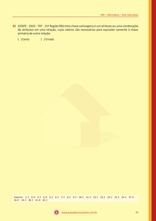 www.acasadoconcurseiro.com.br 39
ATA – Informática – Prof. Julio Alves
22	 (CESPE - 2010 - TRT - 21ª Região RN) Uma chave estrangeira é um atributo ou uma combinação
de atributos em uma relação, cujos valores são necessários para equivaler somente à chave
primária de outra relação.
( ) Certo		 ( ) Errado
Gabarito: 1. E 2. D 3. E 4. D 5. E 6. C 7. C 8. E 9. C 10. C 11. A 12. E 13. E 14. C 15. E 16. C 17. D
18. D 19. E 20. E 21. B 22. C
 