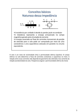 O solo é um meio de resistividade (rho) e permissidade elétrica (epsilon). O campo
elétrico no solo determina o fluxo de correntes condutivas e capacitivas no meio. A
relação entre essas correntes não depende da geometria dos eletrodos mas somente da
relação (condutividade do solo / freqüencia angular x permissividade elétrica do meio)
5
 