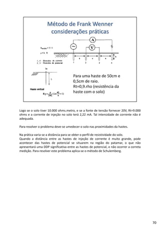 Logo se o solo tiver 10.000 ohms.metro, e se a fonte de tensão fornecer 20V, Rt=9.000
ohms e a corrente de injeção no solo terá 2,22 mA. Tal intensidade de corrente não é
adequada.
l bl d d l d d d hPara resolver o problema deve‐se umedecer o solo nas proximidades da hastes.
Na prática varia‐se a distância para se obter o perfil de resistividade do solo.
Quando a distância entre as hastes de injeção de corrente é muito grande, pode
acontecer das hastes de potencial se situarem na região do patamar, o que não
apresentará uma DDP significativa entre as hastes de potencial, e não ocorrer a correta
medição Para resolver este problema aplica se o método de Schulembergmedição. Para resolver este problema aplica‐se o método de Schulemberg.
70
 
