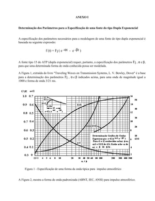 ANEXO I


Determinação dos Parâmetros para a Especificação de uma fonte do tipo Dupla Exponencial


A especificação dos parâmetros necessários para a modelagem de uma fonte do tipo dupla exponencial é
baseada na seguinte expressão:

                      f (t) = Fl ( e -αt - e -βt )


A fonte tipo 15 do ATP (dupla exponencial) requer, portanto, a especificação dos parâmetros Fl , α e β,
para que uma determinada forma de onda conhecida possa ser modelada.

A Figura 1, extraída do livro "Traveling Waves on Transmission Systems, L. V. Bewley, Dover" é a base
para a determinação dos parâmetros Fl , α e β indicados acima, para uma onda de magnitude igual a
1000 e forma de onda 3/21 ms.




     Figura 1 - Especificação de uma forma da onda típica para impulso atmosférico


A Figura 2, mostra a forma de onda padronizada (ABNT, IEC, ANSI) para impulso atmosférico.
 