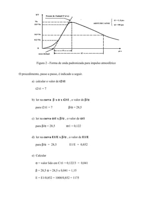 Figura 2 - Forma de onda padronizada para impulso atmosférico


O procedimento, passo a passo, é indicado a seguir.

          a) calcular o valor de t2/t1

             t2/t1 = 7


          b) ler na curva β x α x t2/t1 , o valor de β/α

             para t2/t1 = 7    ⇒          β/α = 28,5


          c) ler na curva αt1 x β/α , o valor de αt1

             para β/α = 28,5    ⇒        αt1 = 0,122


          d) ler na curva E1/E x β/α , o valor de E1/E

             para β/α = 28,5       ⇒       E1/E = 0,852


          e) Calcular

             α = valor lido em C/t1 = 0,122/3 = 0,041

             β = 28,5 α = 28,5 x 0,041 = 1,15

             E = E1/0,852 = 1000/0,852 = 1175
 