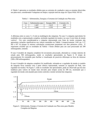 A Tabela 1 apresenta os resultados obtidos para as correntes de condução e para as energias absorvidas
nos pára-raios, considerando 9 máquinas em Itaipu e rejeição total da carga em Tijuco Preto 345 kV.


               Tabela 1 - Sobretensões, Energias e Correntes de Condução nos Pára-raios

                 Caso     Sobretensões (pu)     Energia (MJ)       Corrente (A)
                  3            1.687               1.615               459
                  4            1.686               1.555               444



A diferença entre os casos 3 e 4 está na modelagem das máquinas. No caso 3 a máquina equivalente foi
modelada com a representação completa, incluindo regulador de tensão e no caso 4 com fonte de tensão
variável . Um caso considerando-se a máquina representada com fonte de tensão constante não
apresentou variações significativas nos valores mostrados na Tabela 1 (respectivamente 1.681 pu, 1.57
MJ e 437 A) porque as maiores solicitações aconteceram justamente nos dois primeiros ciclos. É
importante ressaltar que os resultados da Tabela 1 foram obtidos para um caso processado até 200
milissegundos, somente.

O caso 4 (modelo de máquina completo) foi novamente processado, alterando-se o tempo máximo de
estudo para 500 milissegundos, sendo os resultados apresentados na Figura 6. O tempo de
processamento foi extendido para facilitar a visualização de possíveis diferenças na faixa de interesse
(300 a 500 milissegundos).

O caso 4 (modelo de máquina completo) foi modificado, retirando-se o regulador de tensão (o modelo
da máquina ficou somente com a parte elétrica representada, somente as equações de Park, sem
regulador de tensão). Na Figura 7, onde os resultados são apresentados, pode ser observado que há uma
tendência para valores de tensão mais elevados para tempos acima de 200 ms, mostrando que o
regulador de tensão está atuando para tentar controlar a tensão terminal das máquinas.




   Figura 6 - Sobretensão, Energia e Corrente de Condução nos Pára-raios para Modelo
              Completo da Máquina
 