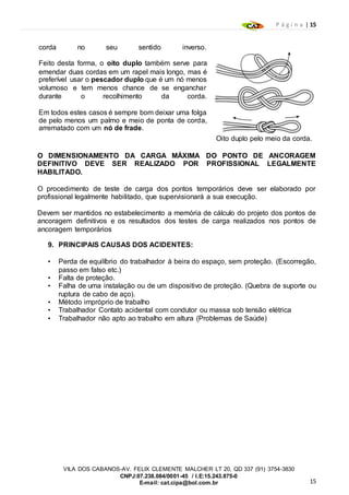 P á g i n a | 15
15
VILA DOS CABANOS-AV. FELIX CLEMENTE MALCHER LT 20, QD 337 (91) 3754-3830
CNPJ:07.238.084/0001-45 / I.E:15.243.875-0
E-mail: cat.cipa@bol.com.br
corda no seu sentido inverso.
Feito desta forma, o oito duplo também serve para
emendar duas cordas em um rapel mais longo, mas é
preferível usar o pescador duplo que é um nó menos
volumoso e tem menos chance de se enganchar
durante o recolhimento da corda.
Em todos estes casos é sempre bom deixar uma folga
de pelo menos um palmo e meio de ponta de corda,
arrematado com um nó de frade.
Oito duplo pelo meio da corda.
O DIMENSIONAMENTO DA CARGA MÁXIMA DO PONTO DE ANCORAGEM
DEFINITIVO DEVE SER REALIZADO POR PROFISSIONAL LEGALMENTE
HABILITADO.
O procedimento de teste de carga dos pontos temporários deve ser elaborado por
profissional legalmente habilitado, que supervisionará a sua execução.
Devem ser mantidos no estabelecimento a memória de cálculo do projeto dos pontos de
ancoragem definitivos e os resultados dos testes de carga realizados nos pontos de
ancoragem temporários
9. PRINCIPAIS CAUSAS DOS ACIDENTES:
• Perda de equilíbrio do trabalhador à beira do espaço, sem proteção. (Escorregão,
passo em falso etc.)
• Falta de proteção.
• Falha de uma instalação ou de um dispositivo de proteção. (Quebra de suporte ou
ruptura de cabo de aço).
• Método impróprio de trabalho
• Trabalhador Contato acidental com condutor ou massa sob tensão elétrica
• Trabalhador não apto ao trabalho em altura (Problemas de Saúde)
 