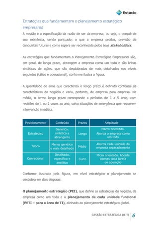 GESTÃO ESTRATÉGICA DE TI 6
Estratégias que fundamentam o planejamento estratégico
empresarial
A missão é a especificação da razão de ser da empresa, ou seja, o porquê de
sua existência, sendo pontuado: o que a empresa produz, previsão de
conquistas futuras e como espera ser reconhecida pelos seus stakeholders.
As estratégias que fundamentam o Planejamento Estratégico Empresarial são,
em geral, de longo prazo, abrangem a empresa como um todo e são linhas
sintéticas de ações, que são desdobradas de mais detalhadas nos níveis
seguintes (tático e operacional), conforme ilustra a figura.
A quantidade de anos que caracteriza o longo prazo é definido conforme as
características do negócio e varia, portanto, de empresa para empresa. Na
média, o termo longo prazo corresponde a períodos de 3 a 5 anos, com
revisões de 1 ou 2 vezes ao ano, salvo situações de emergência que requerem
intervenção imediata.
Conforme ilustrado pela figura, em nível estratégico o planejamento se
desdobra em dois degraus:
O planejamento estratégico (PEI), que define as estratégias do negócio, da
empresa como um todo e o planejamento de cada unidade funcional
(PETI – para a área de TI), alinhado ao planejamento estratégico global.
 
