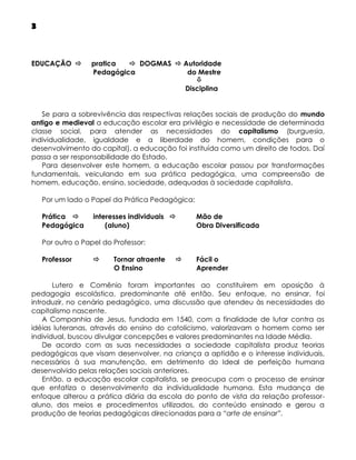 3

EDUCAÇÃO 

pratica
 DOGMAS  Autoridade
Pedagógica
do Mestre

Disciplina

Se para a sobrevivência das respectivas relações sociais de produção do mundo
antigo e medieval a educação escolar era privilégio e necessidade de determinada
classe social, para atender as necessidades do capitalismo (burguesia,
individualidade, igualdade e a liberdade do homem, condições para o
desenvolvimento do capital), a educação foi instituída como um direito de todos. Daí
passa a ser responsabilidade do Estado.
Para desenvolver este homem, a educação escolar passou por transformações
fundamentais, veiculando em sua prática pedagógica, uma compreensão de
homem, educação, ensino, sociedade, adequadas à sociedade capitalista.
Por um lado o Papel da Prática Pedagógica:
Prática 
Pedagógica

interesses individuais 
(aluno)

Mão de
Obra Diversificada

Por outro o Papel do Professor:
Professor



Tornar atraente
O Ensino



Fácil o
Aprender

Lutero e Comênio foram importantes ao constituírem em oposição à
pedagogia escolástica, predominante até então. Seu enfoque, no ensinar, foi
introduzir, no cenário pedagógico, uma discussão que atendeu às necessidades do
capitalismo nascente.
A Companhia de Jesus, fundada em 1540, com a finalidade de lutar contra as
idéias luteranas, através do ensino do catolicismo, valorizavam o homem como ser
individual, buscou divulgar concepções e valores predominantes na Idade Média.
De acordo com as suas necessidades a sociedade capitalista produz teorias
pedagógicas que visam desenvolver, na criança a aptidão e o interesse individuais,
necessários à sua manutenção, em detrimento do Ideal de perfeição humana
desenvolvido pelas relações sociais anteriores.
Então, a educação escolar capitalista, se preocupa com o processo de ensinar
que enfatiza o desenvolvimento da individualidade humana. Esta mudança de
enfoque alterou a prática diária da escola do ponto de vista da relação professoraluno, dos meios e procedimentos utilizados, do conteúdo ensinado e gerou a
produção de teorias pedagógicas direcionadas para a “arte de ensinar”.

 