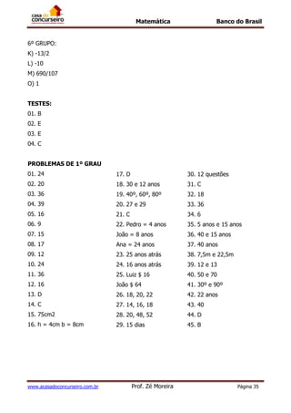 Matemática Banco do Brasil
www.acasadoconcurseiro.com.br Prof. Zé Moreira Página 35
6º GRUPO:
K) -13/2
L) -10
M) 690/107
O) 1
TESTES:
01. B
02. E
03. E
04. C
PROBLEMAS DE 1º GRAU
01. 24
02. 20
03. 36
04. 39
05. 16
06. 9
07. 15
08. 17
09. 12
10. 24
11. 36
12. 16
13. D
14. C
15. 75cm2
16. h = 4cm b = 8cm
17. D
18. 30 e 12 anos
19. 40º, 60º, 80º
20. 27 e 29
21. C
22. Pedro = 4 anos
João = 8 anos
Ana = 24 anos
23. 25 anos atrás
24. 16 anos atrás
25. Luiz $ 16
João $ 64
26. 18, 20, 22
27. 14, 16, 18
28. 20, 48, 52
29. 15 dias
30. 12 questões
31. C
32. 18
33. 36
34. 6
35. 5 anos e 15 anos
36. 40 e 15 anos
37. 40 anos
38. 7,5m e 22,5m
39. 12 e 13
40. 50 e 70
41. 30º e 90º
42. 22 anos
43. 40
44. D
45. B
 