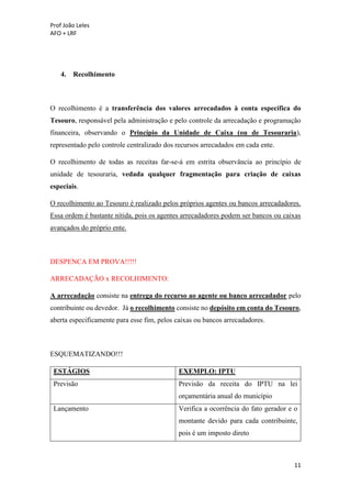 Prof João Leles
AFO + LRF
11
4. Recolhimento
O recolhimento é a transferência dos valores arrecadados à conta específica do
Tesouro, responsável pela administração e pelo controle da arrecadação e programação
financeira, observando o Princípio da Unidade de Caixa (ou de Tesouraria),
representado pelo controle centralizado dos recursos arrecadados em cada ente.
O recolhimento de todas as receitas far-se-á em estrita observância ao princípio de
unidade de tesouraria, vedada qualquer fragmentação para criação de caixas
especiais.
O recolhimento ao Tesouro é realizado pelos próprios agentes ou bancos arrecadadores.
Essa ordem é bastante nítida, pois os agentes arrecadadores podem ser bancos ou caixas
avançados do próprio ente.
DESPENCA EM PROVA!!!!!
ARRECADAÇÃO x RECOLHIMENTO:
A arrecadação consiste na entrega do recurso ao agente ou banco arrecadador pelo
contribuinte ou devedor. Já o recolhimento consiste no depósito em conta do Tesouro,
aberta especificamente para esse fim, pelos caixas ou bancos arrecadadores.
ESQUEMATIZANDO!!!
ESTÁGIOS EXEMPLO: IPTU
Previsão Previsão da receita do IPTU na lei
orçamentária anual do município
Lançamento Verifica a ocorrência do fato gerador e o
montante devido para cada contribuinte,
pois é um imposto direto
 