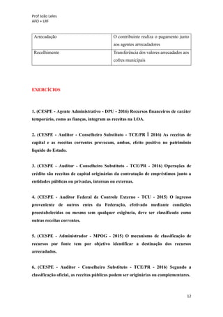 Prof João Leles
AFO + LRF
12
Arrecadação O contribuinte realiza o pagamento junto
aos agentes arrecadadores
Recolhimento Transferência dos valores arrecadados aos
cofres municipais
EXERCÍCIOS
1. (CESPE - Agente Administrativo - DPU - 2016) Recursos financeiros de caráter
temporário, como as fianças, integram as receitas na LOA.
2. (CESPE - Auditor - Conselheiro Substituto - TCE/PR Î 2016) As receitas de
capital e as receitas correntes provocam, ambas, efeito positivo no patrimônio
líquido do Estado.
3. (CESPE - Auditor - Conselheiro Substituto - TCE/PR - 2016) Operações de
crédito são receitas de capital originárias da contratação de empréstimos junto a
entidades públicas ou privadas, internas ou externas.
4. (CESPE - Auditor Federal de Controle Externo - TCU - 2015) O ingresso
proveniente de outros entes da Federação, efetivado mediante condições
preestabelecidas ou mesmo sem qualquer exigência, deve ser classificado como
outras receitas correntes.
5. (CESPE - Administrador - MPOG - 2015) O mecanismo de classificação de
recursos por fonte tem por objetivo identificar a destinação dos recursos
arrecadados.
6. (CESPE - Auditor - Conselheiro Substituto - TCE/PR - 2016) Segundo a
classificação oficial, as receitas públicas podem ser originárias ou complementares.
 