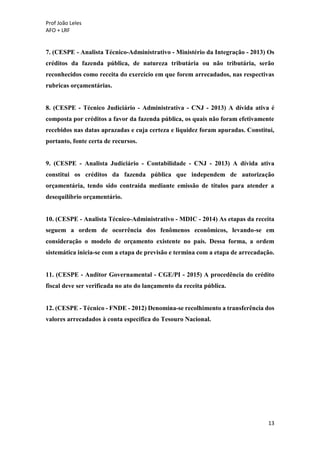 Prof João Leles
AFO + LRF
13
7. (CESPE - Analista Técnico-Administrativo - Ministério da Integração - 2013) Os
créditos da fazenda pública, de natureza tributária ou não tributária, serão
reconhecidos como receita do exercício em que forem arrecadados, nas respectivas
rubricas orçamentárias.
8. (CESPE - Técnico Judiciário - Administrativa - CNJ - 2013) A dívida ativa é
composta por créditos a favor da fazenda pública, os quais não foram efetivamente
recebidos nas datas aprazadas e cuja certeza e liquidez foram apuradas. Constitui,
portanto, fonte certa de recursos.
9. (CESPE - Analista Judiciário - Contabilidade - CNJ - 2013) A dívida ativa
constitui os créditos da fazenda pública que independem de autorização
orçamentária, tendo sido contraída mediante emissão de títulos para atender a
desequilíbrio orçamentário.
10. (CESPE - Analista Técnico-Administrativo - MDIC - 2014) As etapas da receita
seguem a ordem de ocorrência dos fenômenos econômicos, levando-se em
consideração o modelo de orçamento existente no país. Dessa forma, a ordem
sistemática inicia-se com a etapa de previsão e termina com a etapa de arrecadação.
11. (CESPE - Auditor Governamental - CGE/PI - 2015) A procedência do crédito
fiscal deve ser verificada no ato do lançamento da receita pública.
12. (CESPE - Técnico - FNDE - 2012) Denomina-se recolhimento a transferência dos
valores arrecadados à conta especifica do Tesouro Nacional.
 