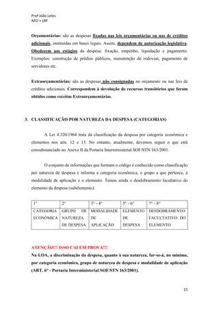 Prof João Leles
AFO + LRF
15
Orçamentárias: são as despesas fixadas nas leis orçamentárias ou nas de créditos
adicionais, instituídas em bases legais. Assim, dependem de autorização legislativa.
Obedecem aos estágios da despesa: fixação, empenho, liquidação e pagamento.
Exemplos: construção de prédios públicos, manutenção de rodovias, pagamento de
servidores etc.
Extraorçamentárias: são as despesas não consignadas no orçamento ou nas leis de
créditos adicionais. Correspondem à devolução de recursos transitórios que foram
obtidos como receitas Extraorçamentárias.
3. CLASSIFICAÇÃO POR NATUREZA DA DESPESA (CATEGORIAS)
A Lei 4.320/1964 trata da classificação da despesa por categoria econômica e
elementos nos arts. 12 e 13. No entanto, atualmente, devemos seguir o que está
consubstanciado no Anexo II da Portaria Interministerial SOF/STN 163/2001.
O conjunto de informações que formam o código é conhecido como classificação
por natureza de despesa e informa a categoria econômica, o grupo a que pertence, a
modalidade de aplicação e o elemento. Temos ainda o desdobramento facultativo do
elemento da despesa (subelemento).
1° 2° 3° - 4° 5° - 6° 7° - 8°
CATEGORIA
ECONÔMICA
GRUPO DE
NATUREZA
DE DESPESA
MODALIDADE
DE
APLICAÇÃO
ELEMENTO
DE
DESPESA
DESDOBRAMENTO
FACULTATIVO DO
ELEMENTO
ATENÇÃO!!! ISSO CAI EM PROVA!!!
Na LOA, a discriminação da despesa, quanto à sua natureza, far-se-á, no mínimo,
por categoria econômica, grupo de natureza de despesa e modalidade de aplicação
(ART. 6° - Portaria Interministerial SOF/STN 163/2001).
 