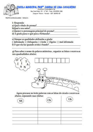 ENSINO FUNDAMENTAL
Rua Dom Pedro II – nº 80 – Fone: (43)3559-1188
Joaquim Távora – Paraná – CEP: 86455-00
PROFESSORASILMARA ROBLES
 