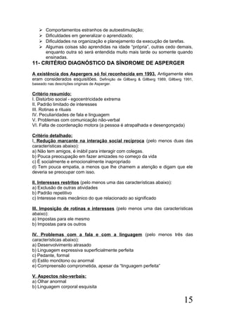  Comportamentos estranhos de autoestimulação;
 Dificuldades em generalizar o aprendizado;
 Dificuldades na organização e planejamento da execução de tarefas.
 Algumas coisas são aprendidas na idade “própria”, outras cedo demais,
enquanto outra só será entendida muito mais tarde ou somente quando
ensinadas.
11- CRITÉRIO DIAGNÓSTICO DA SÍNDROME DE ASPERGER
A existência dos Aspergers só foi reconhecida em 1993. Antigamente eles
eram considerados esquisitões. Definição de Gillberg & Gillberg 1989, Gillberg 1991,
baseado nas descrições originais de Asperger.
Critério resumido:
I. Distúrbio social - egocentricidade extrema
II. Padrão limitado de interesses
III. Rotinas e rituais
IV. Peculiaridades de fala e linguagem
V. Problemas com comunicação não-verbal
VI. Falta de coordenação motora (a pessoa é atrapalhada e desengonçada)
Critério detalhado:
I. Redução marcante na interação social recíproca (pelo menos duas das
características abaixo):
a) Não tem amigos, é inábil para interagir com colegas.
b) Pouca preocupação em fazer amizades no começo da vida
c) É socialmente e emocionalmente inapropriado
d) Tem pouca empatia, a menos que lhe chamem a atenção e digam que ele
deveria se preocupar com isso.
II. Interesses restritos (pelo menos uma das características abaixo):
a) Exclusão de outras atividades
b) Padrão repetitivo
c) Interesse mais mecânico do que relacionado ao significado
III. Imposição de rotinas e interesses (pelo menos uma das características
abaixo):
a) Impostas para ele mesmo
b) Impostas para os outros
IV. Problemas com a fala e com a linguagem (pelo menos três das
características abaixo):
a) Desenvolvimento atrasado
b) Linguagem expressiva superficialmente perfeita
c) Pedante, formal
d) Estilo monótono ou anormal
e) Compreensão comprometida, apesar da “linguagem perfeita”
V. Aspectos não-verbais:
a) Olhar anormal
b) Linguagem corporal esquisita
15
 