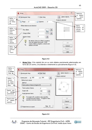 Programa de Educação Tutorial
CESEC – Centro de Estudos de Engenharia Civil Prof. Inaldo Ayres Vieira
Array Polar: Cria cópia(s) de um ou mais objetos previamente selecionados em
torno de um centro, circundando
Define o
número
de linhas
da
Define a
distância
entre
linhas.
Define a
distância
entre
colunas.
Define do
ângulo de
inclinação
da
“matriz”.
Define o
centro
do Array
Polar.
Define o
número
de cópias
que serão
feitas.
Ângulo que
os objetos
preencherão
.
Ângulo entre
os objetos
copiados.
AutoCAD 2009 – Desenho 2D
Programa de Educação Tutorial - PET Engenharia Civil – UFPR
Centro de Estudos de Engenharia Civil Prof. Inaldo Ayres Vieira
Figura 4.2
: Cria cópia(s) de um ou mais objetos previamente selecionados em
m centro, circundando-o totalmente ou parcialmente
Figura 4.3
65
UFPR
Centro de Estudos de Engenharia Civil Prof. Inaldo Ayres Vieira
: Cria cópia(s) de um ou mais objetos previamente selecionados em
o totalmente ou parcialmente (Figura 4.3).
Seleciona
os objetos
a serem
copiados.
Define o
número de
colunas da
“matriz”.
Seleciona
os objetos
a serem
copiados.
 