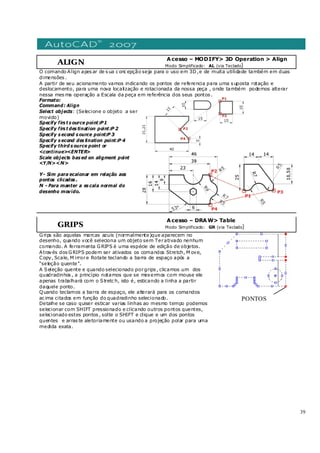 39
ALIGN
Acesso – MODIFY> 3D Operation > Align
Modo Simplificado: AL (via Teclado)
O comando Align apes ar de s ua c onc epção seja para o uso em 3D,e de muita utilidade também em duas
dimensões .
A partir de seu acionamento vamos indicando os pontos de referencia para uma s uposta rotação e
deslocamento, para uma nova localização e rotacionada da nossa peça , onde também podemos alterar
nessa mes ma operação a Escala da peça em referência dos seus pontos .
Formato:
Command: Align
Select objects: (Selecione o objeto a ser
movido)
Specify firs t s ource point:P1
Specify firs t des tination point:P 2
Specify s econd s ource point:P 3
Specify s econd des tination point:P 4
Specify third s ource point or
<continue><ENTER>
Scale objects bas ed on aligment point
<Y/N><N>
Y- Sim para ecalonar em relação aos
pontos clicados .
N - Para manter a es cala normal do
desenho movido.
GRIPS
Acesso – DRAW> Table
Modo Simplificado: GR (via Teclado)
Grips são aquelas marcas azuis (normalmente)que aparecem no
desenho, quando você seleciona um objeto sem Terativado nenhum
comando. A ferramenta GRIPS é uma espécie de edição de objetos.
Através dos GRIPS podem ser ativados os comandos Stretch, M ove,
Copy, Scale, M irrore Rotate teclando a barra de espaço após a
“seleção quente”.
A Seleção quente e quando selecionado porgrips , clicamos um dos
quadradinhos , a princípio notamos que se mexermos com mouse ele
apenas trabalhará com o Stretc h, isto é, esticando a linha a partir
daquele ponto.
Quando teclamos a barra de espaço, ele alterará para os comandos
ac ima citados em função do quadradinho selecionado.
Detalhe se caso quiser esticar varias linhas ao mesmo tempo podemos
selecionar com SHIFT pressionado e clicando outros pontos quentes,
selecionado estes pontos , solte o SHIFT e clique e um dos pontos
quentes e arras te aletoriamente ou usando a projeção polar para uma
medida exata.
PONTOS
 