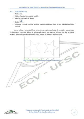 Curso Básico de AutoCAD 2011 – Desenho em 2D para Engenharia Civil
Programa de Educação Tutorial de Engenharia Civil
Universidade Federal de Santa Catarina 31
3.2.5 Comando Mirror
 Atalho: mi;
 Ribbon: Na aba Home, painel Modify;
 Barra de Ferramentas: Modify;
 Botão: ;
 Utilidade: Permite espelhar uma ou mais entidades ao longo de um eixo definido pelo
usuário.
Iremos utilizar o comando Mirror para criarmos cópias espelhadas de entidades selecionadas.
O objeto a ser espelhado deverá ser selecionado e após isso devemos definir o eixo que servirá de
espelho. Além disso, ainda podemos optar por manter ou deletar o objeto original.
Figura 3-11: Exemplo de objeto espelhado utilizando o comando Mirror.
 