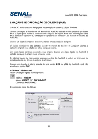 AutoCAD 2002 Avançado
18
LIGAÇÃO E INCORPORAÇÃO DE OBJETOS (OLE)
O AutoCAD aceita o recurso de ligação e incorporação de objetos (OLE) do Windows.
Quando um objeto é inserido em um desenho do AutoCAD através de um aplicativo que aceita
OLE, o objeto pode manter a conexão com o arquivo de origem. Para mais informações sobre
OLE, consulte o apêndice b, “Utilização de aplicativos do Windows”, do Manual do usuário do
AutoCAD.
Quando um objeto incorporado é inserido, ele não é mais associado à origem.
Os dados incorporados são editados a partir do interior do desenho do AutoCAD, usando o
aplicativo original. essa edição não altera o arquivo original.
Um objeto ligado continua associado à sua origem. Quando um objeto ligado no AutoCAD é
editado, o arquivo de origem muda e /ou vice versa.
Os objetos ligados ou incorporados aparecem na tela do AutoCAD e podem ser impressos ou
plotados através dos drivers de sistema do Windows.
Quando um desenho é aberto através de uma versão DOS ou UNIX do AutoCAD, você não
visualiza os objetos OLE.
COMANDO INSERTOBJ
Insere um objeto ligado ou incorporado.
Toolbar : INSERT
Menu: INSERT OLE OBJECT
Comando: INSERTOBJ
Descrição da caixa de diálogo
 