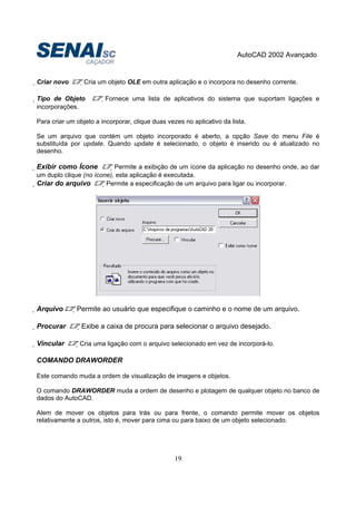 AutoCAD 2002 Avançado
19
Criar novo Cria um objeto OLE em outra aplicação e o incorpora no desenho corrente.
Tipo de Objeto Fornece uma lista de aplicativos do sistema que suportam ligações e
incorporações.
Para criar um objeto a incorporar, clique duas vezes no aplicativo da lista.
Se um arquivo que contém um objeto incorporado é aberto, a opção Save do menu File é
substituída por update. Quando update é selecionado, o objeto é inserido ou é atualizado no
desenho.
Exibir como Ícone Permite a exibição de um ícone da aplicação no desenho onde, ao dar
um duplo clique (no ícone), esta aplicação é executada.
Criar do arquivo Permite a especificação de um arquivo para ligar ou incorporar.
Arquivo Permite ao usuário que especifique o caminho e o nome de um arquivo.
Procurar Exibe a caixa de procura para selecionar o arquivo desejado.
Vincular Cria uma ligação com o arquivo selecionado em vez de incorporá-lo.
COMANDO DRAWORDER
Este comando muda a ordem de visualização de imagens e objetos.
O comando DRAWORDER muda a ordem de desenho e plotagem de qualquer objeto no banco de
dados do AutoCAD.
Alem de mover os objetos para trás ou para frente, o comando permite mover os objetos
relativamente a outros, isto é, mover para cima ou para baixo de um objeto selecionado.
 