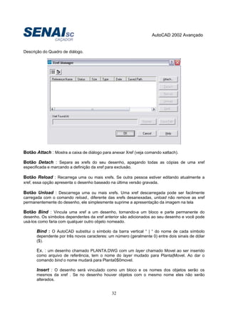 AutoCAD 2002 Avançado
32
Descrição do Quadro de diálogo.
Botão Attach : Mostra a caixa de diálogo para anexar Xref (veja comando xattach).
Botão Detach : Separa as xrefs do seu desenho, apagando todas as cópias de uma xref
especificada e marcando a definição da xref para exclusão.
Botão Reload : Recarrega uma ou mais xrefs. Se outra pessoa estiver editando atualmente a
xref, essa opção apresenta o desenho baseado na última versão gravada.
Botão Unload : Descarrega uma ou mais xrefs. Uma xref descarregada pode ser facilmente
carregada com o comando reload., diferente das xrefs desanexadas, unload não remove as xref
permanentemente do desenho, ele simplesmente suprime a apresentação da imagem na tela
Botão Bind : Vincula uma xref a um desenho, tornando-a um bloco e parte permanente do
desenho. Os símbolos dependentes da xref anterior são adicionados ao seu desenho e você pode
usá-los como faria com qualquer outro objeto nomeado.
Bind : O AutoCAD substitui o símbolo da barra vertical “ | “ do nome de cada símbolo
dependente por três novos caracteres: um número (geralmente 0) entre dois sinais de dólar
($).
Ex. : um desenho chamado PLANTA.DWG com um layer chamado Movel ao ser inserido
como arquivo de referência, tem o nome do layer mudado para Planta|Movel. Ao dar o
comando bind o nome mudará para Planta0$0movel.
Insert : O desenho será vinculado como um bloco e os nomes dos objetos serão os
mesmos da xref . Se no desenho houver objetos com o mesmo nome eles não serão
alterados.
 