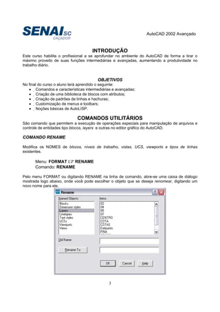 AutoCAD 2002 Avançado
3
INTRODUÇÃO
Este curso habilita o profissional a se aprofundar no ambiente do AutoCAD de forma a tirar o
máximo proveito de suas funções intermediárias e avançadas, aumentando a produtividade no
trabalho diário.
OBJETIVOS
No final do curso o aluno terá aprendido o seguinte:
• Comandos e características intermediárias e avançadas;
• Criação de uma biblioteca de blocos com atributos;
• Criação de padrões de linhas e hachuras;
• Customização de menus e toolbars;
• Noções básicas de AutoLISP.
COMANDOS UTILITÁRIOS
São comando que permitem a execução de operações especiais para manipulação de arquivos e
controle de entidades tipo blocos, layers e outras no editor gráfico do AutoCAD.
COMANDO RENAME
Modifica os NOMES de blocos, níveis de trabalho, vistas, UCS, viewports e tipos de linhas
existentes.
Menu: FORMAT RENAME
Comando: RENAME
Pelo menu FORMAT ou digitando RENAME na linha de comando, abre-se uma caixa de diálogo
mostrada logo abaixo, onde você pode escolher o objeto que se deseja renomear, digitando um
novo nome para ele.
 