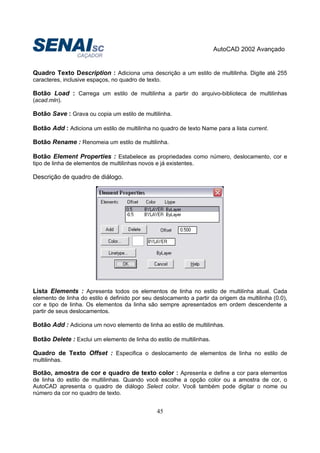 AutoCAD 2002 Avançado
45
Quadro Texto Description : Adiciona uma descrição a um estilo de multilinha. Digite até 255
caracteres, inclusive espaços, no quadro de texto.
Botão Load : Carrega um estilo de multilinha a partir do arquivo-biblioteca de multilinhas
(acad.mln).
Botão Save : Grava ou copia um estilo de multilinha.
Botão Add : Adiciona um estilo de multilinha no quadro de texto Name para a lista current.
Botão Rename : Renomeia um estilo de multilinha.
Botão Element Properties : Estabelece as propriedades como número, deslocamento, cor e
tipo de linha de elementos de multilinhas novos e já existentes.
Descrição de quadro de diálogo.
Lista Elements : Apresenta todos os elementos de linha no estilo de multilinha atual. Cada
elemento de linha do estilo é definido por seu deslocamento a partir da origem da multilinha (0.0),
cor e tipo de linha. Os elementos da linha são sempre apresentados em ordem descendente a
partir de seus deslocamentos.
Botão Add : Adiciona um novo elemento de linha ao estilo de multilinhas.
Botão Delete : Exclui um elemento de linha do estilo de multilinhas.
Quadro de Texto Offset : Especifica o deslocamento de elementos de linha no estilo de
multilinhas.
Botão, amostra de cor e quadro de texto color : Apresenta e define a cor para elementos
de linha do estilo de multilinhas. Quando você escolhe a opção color ou a amostra de cor, o
AutoCAD apresenta o quadro de diálogo Select color. Você também pode digitar o nome ou
número da cor no quadro de texto.
 