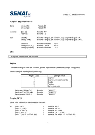AutoCAD 2002 Avançado
71
Funções Trigonométricas
Seno (sin (/ pi 6)) Resulta 0.5
(sin (/ pi 2)) Resulta 1.0
cosseno (cos pi) Resulta -1.0
(cos 0.0) Resulta 1.0
atan (atan N) Resulta o ângulo, em radianos, cuja tangente é igual a N.
(atan (/ N M)) Resulta o ângulo, em radianos, cuja tangente é igual a N/M.
(atan 1.0) Resulta 0.785398 (45°)
(atan ( / 1.0 0.0) ) Resulta 1.5708 (90°)
(atan (sqrt 3) 3.0) Resulta 0.523599 (30°)
Obs:
Os ângulos devem estar em radianos.
Angtos
Converte um ângulo dado em radianos, para o angtos mode (ver tabela) do tipo string (texto).
Sintaxe: (angtos ângulo [modo [precisão]])
Angtos Mode Editing Format
0 Degrees
1 Degrees/minutes/seconds
2 Grads
3 Radians
4 Surveyor's units
(angtos 0.785398 0 4) Resulta "45.0000"
(angtos -0.785398 0 4) Resulta "315.0000"
(angtos (atan 1.0) 0 4) Resulta "45.0000"
Função SETQ
Serve para a atribuição de valores às variáveis.
ex: (setq a 10) ? valor de a= 10
(setq b ( / c d)) ? valor de b = c/d
(setq S "valor") ? valor de S = "valor"
(setq c 12 d 6) ? valor de c = 12, d = 6
(setq T (list 10 20 30 40 50)) ? valor de T é a lista (10 20 30 40 50)
 