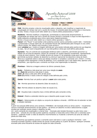Visualização
                                                       Acesso – View > ZOOM
        ZOOM                                          Teclado: Z (atalho)

        PAN –Permite arrastar a tela de visualização sobre o desenho, sem modificar a magnitude de
        visualização em tempo real com o auxilio do mouse. O comando pede dois pontos para o movimento
        da tela. Tendo o mouse scroll roller obtém-se o mesmo efeito pressionando o “roller”

        Realtime - Permite modificar a magnitude, aumentando ou diminuindo dinamicamente a
        visualização em tempo real com o auxilio do mouse.(Acione o Comando e clique na tela segurando o
        botão esquerdo arrastando para cima e para baixo respectivamente).
        Tendo o mouse scroll roller obtém-se o mesmo efeito (girando o “roller”).
        Flyout –Um “flyout” é sub-toolbar onde podemos acionar outros comandos a partir dele – mantendo-
        o pressionado o mouse sobre ele. Os comandos flyouts são identificados pelo triangulo no seu canto
        inferior direito. Por default você clicando o ícone aciona o
        zoom window que mostra a imagem definida por uma janela indicada pelos pontos de sua diagonal,
        ou seja , faz um zoom enquadrando em sua tela gráfica a área que você definiu pela janela.

        Dynamic - Faz um controle de visualização dinâmica sobre o desenho, permitindo aproximar ou
        afastar de um local do desenho. Dentro do comando um quadro aparece inicialmente, representando
        a área do zoom anterior. Com o botão de pick do mouse o X do quadrado muda para uma seta ,
        permitindo aumentar (afastar do desenho) ou diminuir (aproximar do desenho) a área de Zoom.
        Move-se o quadrado sobre a área que deseja visualizar e completa o comando com <Enter>. A linha
        tracejada verde representa o limite do desenho, e se o quadrado com X sair desta área, aparece uma
        ampulheta , que significa que o comando vai forçar uma regeneração no desenho.

        Previous – Retorna a imagem anterior do último comando Zoom.

        Scale - Multiplica a tela atual por uma nova relação de zoom.
        Ex: Zoom 2x aumenta a tela atual 2 vezes.
        zoom .3x reduz a tela para 30% da tela atual.
        zoom 2aumenta 2 vezes a tela em relação a tela definida pelo Limits.

        Center -Permite fixar um ponto e aplicar o zoom sobre este ponto.

         In - Permite aproximar do desenho (fator de escala 2).

        Out –Permite afastar do desenho (fator de escala 0.5).

        All - Visualiza todo o desenho mais o limite definido pelo comando Limits.

        Extend - Mostra a extensão máxima que o desenho pode ocupar na tela.

        Object – Selecionando um objeto ou conjunto de objetos e clicando <ENTER>ele irá extender na tela
        a seleção realizada.
Nota:
A partir do autocad 2006 temos uma variável ( VTENABLE ) de transição entre os vários zooms – visualmente
vemos a transição dinamicamente na tela gráfica – se temos um desenho na tela e selecionamos a opção
window por exemplo vemos crescer o desenho na tela.
Um outro comando de visualização e o Aerial View - Acionado pelo teclado Dsviewer ou pelo menu view –
aerial view - através de uma tela auxiliar podemos visualizar a nossa tela como é feito com o comando zoom
dynamic – podendo mudar a visão do desenho movimentando ou mudando o tamanho da caixa de visão da
janela de Visão área.

NOTA:Lembramos que podemos acionar o comando zoom real time e o pan a qualquer momento – sem
comando acionado clicando o botão direito do mouse na tela gráfica ou a partir de dentro qualquer comando
acionado pela caixa flutuante do acesso de opções de cada comando.
                                                                                                             24
 