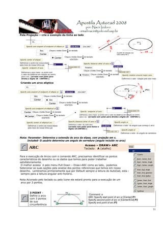 Pela Projeção – crie o exemplo da linha ao lado




Criando um arco eliptico




Nota: Parameter- Determina a extensão do arco da elipse, com projeção em x.
     Included- O usuário determina um angulo de varredura (angulo incluído no arco)
                                                    Acesso – DRAW> ARC
       ARC                                         Teclado: A (atalho)

Para a execução de Arcos com o comando ARC, precisamos identificar os pontos
característicos do desenho ou os dados que temos para poder trabalhar
satisfatoriamente.
 O melhor acesso é pelo menu Pull Down – Draw>ARC como ao lado, podemos
Selecionar as suas opções pela analise dos pontos referencias que temos em nosso
desenho. Lembramos primeiramente que por Default sempre a leitura do AutoCad, esta configurado
 sempre para a leitura angular anti-horário.

Nota:Acionado pelo teclado ou pelo ícone ele estará pronto para a execução de um
arco por 3 pontos.



       3 POINT -
                                                      Command: a
       Define o arco
                                                      ARC Specify start point of arc or [Center]:P1
       com 3 pontos                                   Specify second point of arc or [Center/End]:P2
       de sua                                         Specify end point of arc:P3
       circunferência

                                                                                                       31
 