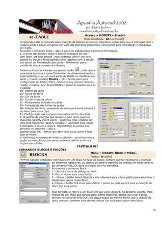 70
40 -TABLE
Acesso – MODIFY> Stretch
Modo Simplificado: GR (via Teclado)
O comando table é comando para inserção de tabelas em nossos desenhos, ainda acho que a interação com o
usuário ainda é pouco amigável em vista das planilhas eletrônicas, começando pela formatação e comandos
em inglês.
Acionado o comando Table – abre a caixa de dialogo para a primeira formatação.
1- O texto das tabelas segue o padrão Standard do Cad –
com fonte .txt com default , mas podemos definir um novo
padrão ou trocar a fonte padrão como fazemos com a edição
dos textos ou formatação das cotas – lembrando que o
padrão de altura do texto é milímetro.
Podemos formatar a tabela acessando botão , onde abrira
uma caixa como se a caixa Dimension de dimensionamento –
onde podemos criar um novo estilo de tabela ou modificar seu
estilo – criando o botão Modify – 1A – Pastas para para
configuração do Titulo (Title), cabeçario das colunas (Column
Heads) e textos das células(DATA) e segue as opções para as
3 pastas:
1B- Padrão do texto
1C- Altura do texto
1D- Cor da fonte
1E- Cor de fundo da célula
1F- Alinhamento do texto na célula
1G- Formatação das linhas de grade
1H- Posição do titulo começando de cima para baixo (down) e
de baixo para cima (up)
1J- Configuração das margens dos textos dentro da célula.
2- O padrão de inserção das tabelas é pelo canto superior
esquerdo (specify insert point) – podemos criar a tabela por
uma área especifica (specify window) – acionada essa opção
é desligada a altura e largura dependendo da janela que
abrirmos no desenho – isto é,
quando teclar OK – temos que abrir uma caixa como é feito
com os Mtext.
3- Definimos o numero de linhas e colunas – se utilizarmos a
opção de inserção por um ponto podemos definir a altura e
largura das células.
]
CAPITULO VII
COMANDOS BLOCOS E EDIÇÕES
BLOCKS
Menu – DRAW> Block > Make..
Teclado: B (atalho)
Permite agrupar entidades individuais em um bloco na base de dados. Sempre que for necessário a inserção
de desenhos repetitivos, ou dentro do próprio desenho ou criando um bloco através
do comando WBLOCK para a criação de uma biblioteca.
Acionamos o comando Block:
1 – Abrirá a caixa de dialogo ao lado.
2- De um nome para o seu bloco.
3 – Clique o botão Select Objects e ele rotarnará para a tela gráfica para selecione o
objeto que será o nosso Bloco.
4- Clique o Botão Pick Point para definir o ponto ao qual servirá para a inserção do
bloco por esse ponto.
Esse formato se refere a um bloco em que voce utilizará, no desenho vigente. Para
criação de um bloco que servirá para outros desenhos, temos que criar o bloco
através do comando WBLOCK, ele segue quase da mesma forma que a criação do
bloco comum, somente voce deverá indicar um local para salvar este bloco.
 