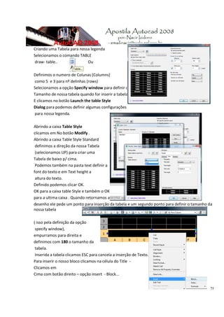 75
Criando uma Tabela para nossa legenda 
Selecionamos o comando TABLE 
 draw‐ table..      Ou  
 
Definimos o numero de Colunas (Columns) 
 como 5  e 3 para nº delinhas (rows) 
Selecionamos a opção Specify window para definir o 
Tamanho de nossa tabela quando for inserir a tabela. 
E clicamos no botão Launch the table Style 
Dialog para podemos definir algumas configurações 
 para nossa legenda. 
 
Abrindo a caixa Table Style  
clicamos em No botão Modify .  
Abrindo a caixa Table Style Standard 
 definimos a direção da nossa Tabela 
 (selecionamos UP) para criar uma  
Tabela de baixo p/ cima. 
 Podemos também na pasta text definir a  
font do texto e em Text height a 
 altura do texto. 
Definido podemos clicar OK. 
OK para a caixa table Style e também o OK  
para a ultima caixa . Quando retornamos ao  
desenho ele pede um ponto para inserção da tabela e um segundo ponto para definir o tamanho da 
nossa tabela  
 
( isso pela definição da opção 
 specify window),  
empurramos para direita e  
definimos com 180 o tamanho da 
 tabela. 
 Inserida a tabela clicamos ESC para cancela a inserção de Texto. 
Para inserir o nosso bloco clicamos na célula do Title  ‐ 
Clicamos em 
Cima com botão direito – opção insert  ‐ Block... 
 
 