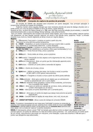 25
OSNAP Comando de captura de pontos de precisão
As funções de OSNAP são ativadas para encontrar um ponto desejado. Sua principal aplicação é
proporcionar precisão ao traçado de entidades.
Podemos manter ativos aqueles Osnaps que mais necessita através da caixa de dialogo clicando com o
botão direito em cima da palavra OSNAP,na barra de Status, opção Settings.
Quando se clica na barra de Status Osnap ou o F3( caso não haja nenhuma seleção já pré-setada), o AutoCAD
automaticamente abre a caixa de diálogo Osnap Settings, vista anteriormente.
Para um melhor desempenho das funções evite deixar todos ligados, pois muitas vezes podem capturar pontos
não desejaveis, se caso desejar precisar capturar um ponto e ele acende outro, podemos “forçar” a entrada
clicando o seu icone ou mesmo digitando as letras inicais em negrito abaixo.
Modos:
1. - TTemporary Tracy point – Localiza um ponto a partir de uma
referencia ou uma série de pontos temporários.
Botão
direito+Shift
2. - FROM - Estabelece um ponto temporário para que a partir dele e usando
uma referencia ou coordenadas determine o ponto desejado.
MP2 Mid Between 2 points – Localiza um ponto médio entre dois pontos.
POINT FILTERS- Faz referências a um ponto e filtra suas coordenadas X,Y e Z.
3. - ENDpoint – Ponto final de linhas, arcos e polylines
4. - MIDpoint - Ponto médio de linhas, arcos e polylines
5. - INTersetion –Intersecção de dois objetos como segmentos de reta, círculos,
arcos e splines
6. - APParent Intersection- Atrai um ponto que faz intersecção aparente entre
dois objetos.
7. - EXTension - Extente um ponto sobre a extensão de objetos
8. - CENter – Centro de círculos e Arcos
9. - QUAdrant – Define os pontos dos polos de círculos e arcos( os pontos
0º,90º,180º e 270º graus) mais próximos.
10. - TANgent – Tangente a círculos e arcos a partir do último ponto definido
11. - PERpendicular – Atrai para o ponto de um objeto que um alinhamento
normal ou perpendicular com o outro objeto
12. - PARallel- Desenha linhas paralelas a outras linhas existentes, só funciona
com a projeção Polar ligada.
Botão direito a
partir de um
comando...
13. -INSert - Atrai para um ponto de inserção de um bloco, texto, atributo (que
contém informações de um bloco)
14. -NODe - Atrai para um ponto desenhado com o comando point.
15. -NEArest - Atrai para um ponto do objeto que esteja mais próximo ao ponto
especificado.
16. -NONe - Cancela todas as opções de snap ativas: end, mid, int,cen,etc
17. -OSNAP SETTINGS - Ativa a caixa de dialogo do comando OSNAP.
Nota: É constante a necessidade de usar modos para "CAPTURAR" os pontos na construção de
desenhos. Para acioná-los apenas uma vez, podemos clicar o botão direito do mouse opção SNAP
OVERRIDES ou BOTÃO DIREITO+SHIFT na tela gráfica com um comando ativo aparecerá este
menu rápido com os modos de "capturar" os pontos necessários.
DICA: É interessante utilizar a tecla “TAB” do teclado para alternar entre os object snap ligados onde você
precisa capturar um ponto de referencia no meio de muitos outros próximos – ex. você procura um center point
de um circulo, mas próximo a ele existe um mid point, uma intsecção, e para isso clicamos o TAB ate que o
center que desejamos seja selecionado.
 