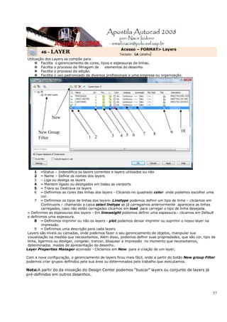 57
46 - LAYER
Acesso – FORMAT> Layers
Teclado: LA (atalho)
Utilização dos Layers se compõe para:
€ Facilita o gerenciamento de cores, tipos e espessuras de linhas.
€ Facilita o processo de filtragem de elementos do desenho.
€ Facilita o processo de edição.
€ Facilita o uso padronizado de diversos profissionais e uma empresa ou organização.
1 –Status – Indendifica os layers correntes e layers utilizados ou não
2 – Name – Define os nomes dos layers
3 – Liga ou desliga os layers
4 – Mantem ligado ou desligados em todas as vierports
5 – Trava ou Destrava os layers
6 – Definimos as cores das linhas dos layers - Clicando no quadrado color onde podemos escolher uma
cor.
7 – Definimos os tipos de linhas dos layers- Linetype podemos definir um tipo de linha – cliclamos em
Continuons – chamando a caixa select linetype se já carregamos anteriormente aparecera as linhas
carregadas, caso não estão carregadas clicamos em load para carregar o tipo de linha desejada.
– Definimos as espessuras dos layers - Em lineweight podemos definir uma espessura.- clicamos em Default
e definimos uma espessura.
8 – Definimos imprimir ou não os layers - plot podemos deixar imprimir ou suprimir o nosso layer na
impressão.
9 – Definimos uma descrição para cada layers
Layers são níveis ou camadas, onde podemos fazer o seu gerenciamento de objetos, manipular sua
visualização na medida que necessitamos, Além disso, podemos definir suas propriedades, que são cor, tipo de
linha, ligarmos ou desligar, congelar, trancar, bloquear a impressão no momento que necessitamos,
determinados modos de apresentação do desenho.
Layer Properties Manager acionado - Cliclamos em New para a criação de um layer,
Com a nova configuração, o gerenciamento de layers ficou mais fácil, onde a partir do botão New group Filter
podemos criar grupos definidos pela sua área ou determinados pelo trabalho que executamos.
Nota:A partir do da inovação do Design Center podemos “buscar” layers ou conjunto de layers já
pré-definidos em outros desenhos.
1 2 3 4 5 6 7 8 9 10
New
New Group
Filter
 