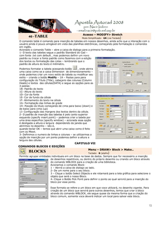72
40 -TABLE
Acesso – MODIFY> Stretch
Modo Simplificado: GR (via Teclado)
O comando table é comando para inserção de tabelas em nossos desenhos, ainda acho que a interação com o
usuário ainda é pouco amigável em vista das planilhas eletrônicas, começando pela formatação e comandos
em inglês.
Acionado o comando Table – abre a caixa de dialogo para a primeira formatação.
1- O texto das tabelas segue o padrão Standard do Cad –
com fonte .txt com default , mas podemos definir um novo
padrão ou trocar a fonte padrão como fazemos com a edição
dos textos ou formatação das cotas – lembrando que o
padrão de altura do texto é milímetro.
Podemos formatar a tabela acessando botão , onde abrira
uma caixa como se a caixa Dimension de dimensionamento –
onde podemos criar um novo estilo de tabela ou modificar seu
estilo – criando o botão Modify – 1A – Pastas para para
configuração do Titulo (Title), cabeçario das colunas (Column
Heads) e textos das células(DATA) e segue as opções para as
3 pastas:
1B- Padrão do texto
1C- Altura do texto
1D- Cor da fonte
1E- Cor de fundo da célula
1F- Alinhamento do texto na célula
1G- Formatação das linhas de grade
1H- Posição do titulo começando de cima para baixo (down) e
de baixo para cima (up)
1J- Configuração das margens dos textos dentro da célula.
2- O padrão de inserção das tabelas é pelo canto superior
esquerdo (specify insert point) – podemos criar a tabela por
uma área especifica (specify window) – acionada essa opção
é desligada a altura e largura dependendo da janela que
abrirmos no desenho – isto é,
quando teclar OK – temos que abrir uma caixa como é feito
com os Mtext.
3- Definimos o numero de linhas e colunas – se utilizarmos a
opção de inserção por um ponto podemos definir a altura e
largura das células.
]
CAPITULO VII
COMANDOS BLOCOS E EDIÇÕES
BLOCKS
Menu – DRAW> Block > Make..
Teclado: B (atalho)
Permite agrupar entidades individuais em um bloco na base de dados. Sempre que for necessário a inserção
de desenhos repetitivos, ou dentro do próprio desenho ou criando um bloco através
do comando WBLOCK para a criação de uma biblioteca.
Acionamos o comando Block:
1 – Abrirá a caixa de dialogo ao lado.
2- De um nome para o seu bloco.
3 – Clique o botão Select Objects e ele rotarnará para a tela gráfica para selecione o
objeto que será o nosso Bloco.
4- Clique o Botão Pick Point para definir o ponto ao qual servirá para a inserção do
bloco por esse ponto.
Esse formato se refere a um bloco em que voce utilizará, no desenho vigente. Para
criação de um bloco que servirá para outros desenhos, temos que criar o bloco
através do comando WBLOCK, ele segue quase da mesma forma que a criação do
bloco comum, somente voce deverá indicar um local para salvar este bloco.
 