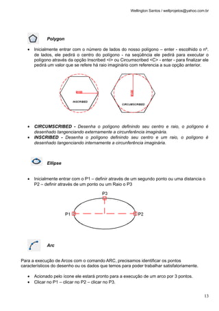 Wellington Santos / wellprojetos@yahoo.com.br
Polygon
• Inicialmente entrar com o número de lados do nosso polígono – enter - escolhido o nº.
de lados, ele pedirá o centro do polígono - na seqüência ele pedirá para executar o
polígono através da opção Inscribed <I> ou Circumscribed <C> - enter - para finalizar ele
pedirá um valor que se refere há raio imaginário com referencia a sua opção anterior.
• CIRCUMSCRIBED - Desenha o polígono definindo seu centro e raio, o polígono é
desenhado tangenciando externamente a circunferência imaginária.
• INSCRIBED - Desenha o polígono definindo seu centro e um raio, o polígono é
desenhado tangenciando internamente a circunferência imaginária.
Ellipse
• Inicialmente entrar com o P1 – definir através de um segundo ponto ou uma distancia o
P2 – definir através de um ponto ou um Raio o P3
Arc
Para a execução de Arcos com o comando ARC, precisamos identificar os pontos
característicos do desenho ou os dados que temos para poder trabalhar satisfatoriamente.
• Acionado pelo ícone ele estará pronto para a execução de um arco por 3 pontos.
• Clicar no P1 – clicar no P2 – clicar no P3.
13
 