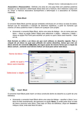 Wellington Santos / wellprojetos@yahoo.com.br
Associative e Noassociative - Definida uma área de uma peça feita com polylines podemos
associar ou não associar a deformação dessa área com a hachura, isto é distorcer a peça com
os “Grips” a hachura associativa acompanhará a deformação e a associativa se manterá
inalterada.
Make Block
O comando Make Block permite agrupar entidades individuais em um bloco na base de dados.
Sempre que for necessário a inserção de desenhos repetitivos, a partir do momento que
criamos um bloco podemos inserir o mesmo em qualquer outro projeto.
• Acionando o comando Make Block, abrira uma caixa de dialogo – de um nome para seu
bloco – clique na opção Select Object para selecionar o objeto – selecione o objeto –
clique na opção Pick Point para escolher um ponto no qual o bloco será inserido – clicar
em ok.
Este formato se refere a um bloco em que você utilizara no desenho vigente. Para a
criação de um bloco no qual será utilizado em outros desenhos, temos que criar um
bloco através do comando WBLOCK, ele segue quase da mesma forma que a cração do
bloco comum , somente você devera indicar um local para salvar este bloco.
Insert Block
O comando Insert Block pode inserir um bloco construído dentro do desenho ou a partir de uma
biblioteca.
• Acionando o comando Insert Block abrira uma caixa de dialogo – escolher o bloco ( se o
bloco foi feito recentemente, ele aparecera na opção Name, ou então pode clicar na seta
da caixa e procurar outro bloco. Caso seja um bloco da biblioteca, clique em browse e
indique o local, onde este bloco foi salvo.
16
 