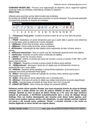 Wellington Santos / wellprojetos@yahoo.com.br
COMANDO REGEN (RE) - Provoca uma regeneração do desenho, isto é, regenerar significa
recalcular todas as entidades matemáticas contidas no desenho.
Object Snap
Utilizado para encontrar pontos determinados das entidades.
As funções de OSNAP são ativadas para encontrar um ponto desejado. Sua principal aplicação
é proporcionar precisão ao traçado de entidades.
1. - TTemporary Tracy point - Localiza um ponto a partir de um ou uma série de pontos
temporários.
2. – FROM - Estabelece um ponto temporário para que a partir dele e usando uma referencia
ou coordenadas, pode-se determinar o ponto desejado.
3. – ENDpoint - Ponto final de linhas, arcos e polylines
4. – MIDpoint - Ponto médio de linhas, arcos e polylines
5. –INTersetion - Intersecção de dois objetos como segmentos de reta, círculos, arcos e
splines.
6. - APParent Intersection - Atrai um ponto que faz intersecção aparente entre dois objetos.
7. – EXTension - Estende um ponto sobre a extensão de objetos.
8. – CENter - Centro de círculos e Arcos.
9. – QUAdrant - Define os pontos dos pólos de círculos e arcos( os pontos 0º,90º,180º e 270º
graus) mais próximos.
10. – TANgent - Tangente a círculos e arcos a partir do último ponto definido.
11. – PERpendicular - Atrai para o ponto de um objeto que um alinhamento normal ou
perpendicular com o outro objeto.
12. –PARallel - Desenha linhas paralelas a outras linhas existentes, só funciona com a
projeções das linhas pontilhadas Polar ligada.
13. –INSert - Atrai para um ponto de inserção de um bloco, texto, atributo (que contém
informações de um bloco).
14. –NODe - Atrai para um ponto desenhado com o comando point.
15. –NEArest - Atrai para um ponto do objeto que esteja mais próximo ao ponto especificado.
16. –NONe - Cancela todas as opções de snap ativas: end, mid, int,cen,etc.
17. -OSNAP SETTINGS - Ativa a caixa de dialogo do comando OSNAP.
Podemos manter ativos aqueles Osnaps’ que mais necessita através da caixa de dialogo
clicando com o botão direito em cima da palavra OSNAP, na barra de Status, opção
Settings. Quando se clica na barra de Status Osnap ou o F3, caso não haja nenhuma
seleção já pré-setada, o AUTOCAD automaticamente abre a caixa de diálogo Osnap
Settings. Para um melhor desempenho das funções evite deixar todos ligados, pois
muitas vezes podem capturar pontos não desejáveis, se caso desejar precisar capturar
um ponto e ele acende outro, podemos “forçar” a entrada clicando o seu ícone ou
mesmo digitando as letras iniciais em negrito abaixo.
1 2 3 4 5 6 7 8 9 10 11 12 13 14 15 16 17
7
 