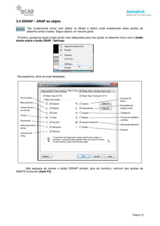 3.4 OSNAP – SNAP ao objeto
Tão fundamental entrar com dados no Model é definir onde exatamente estes pontos de
desenho serão criados. Segue abaixo um resumo geral:
- Primeiro, ajustamos quais snaps serão mais adequados para nos ajudar no desenho futuro com o
direito sobre o botão SNAP / Settings:
- Na sequência, ative os snap desejados:
Não esqueça de manter o botão OSNAP ativado, pois do contrário, nenhum dos ajustes de
SNAPS funcionam (tecla F3).
SNAP ao objeto
Tão fundamental entrar com dados no Model é definir onde exatamente estes pontos de
desenho serão criados. Segue abaixo um resumo geral:
serão mais adequados para nos ajudar no desenho futuro com o
direito sobre o botão SNAP / Settings:
Na sequência, ative os snap desejados:
manter o botão OSNAP ativado, pois do contrário, nenhum dos ajustes de
Página 15
Tão fundamental entrar com dados no Model é definir onde exatamente estes pontos de
serão mais adequados para nos ajudar no desenho futuro com o botão
manter o botão OSNAP ativado, pois do contrário, nenhum dos ajustes de
 