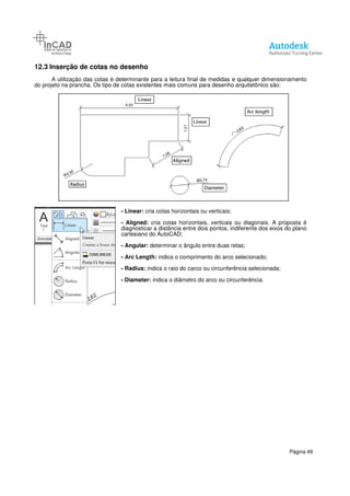12.3 Inserção de cotas no desenho
A utilização das cotas é determinante para a leitura final de medidas e qualquer dimensionamento
do projeto na prancha. Os tipo de cotas existentes mais comuns para desenho arquitetônico são:
-
-
diagnosticar a distância entre dois pontos, indiferente dos eixos do plano
cartesiano do AutoCAD;
-
-
-
-
Inserção de cotas no desenho
A utilização das cotas é determinante para a leitura final de medidas e qualquer dimensionamento
do projeto na prancha. Os tipo de cotas existentes mais comuns para desenho arquitetônico são:
Linear: cria cotas horizontais ou verticais;
Aligned: cria cotas horizontais, verticais ou diagonais. A proposta é
diagnosticar a distância entre dois pontos, indiferente dos eixos do plano
cartesiano do AutoCAD;
Angular: determinar o ângulo entre duas retas;
Arc Length: indica o comprimento do arco selecionado;
Radius: indica o raio do carco ou circunferência selecionada;
Diameter: indica o diâmetro do arco ou circunferência.
Página 49
A utilização das cotas é determinante para a leitura final de medidas e qualquer dimensionamento
do projeto na prancha. Os tipo de cotas existentes mais comuns para desenho arquitetônico são:
cria cotas horizontais, verticais ou diagonais. A proposta é
diagnosticar a distância entre dois pontos, indiferente dos eixos do plano
indica o comprimento do arco selecionado;
indica o raio do carco ou circunferência selecionada;
indica o diâmetro do arco ou circunferência.
 