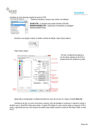 Página 66
constatar as mais diversas opções de arquivo CTB.
- Podemos escolher o arquivo que melhor nos adéqua.
ACAD.CTB = é utilizado para saída colorida (COLOR);
MONOCHROME.CTB = usado para impressões ou plotagem
MONOCROMÁTICAS.
Escolha a sua opção e clique no botão a direita de edição. Veja a figura abaixo:
Veja a tela a seguir:
- De fato, configuramos apenas a
cor de saída, espessura de linha e
acabamentos de endpoint e junção.
Após toda a configuração e método ensinado em aula, de cor por cor, clique no botão Save As.
Lembre-se de dar um outro nome para o arquivo, afim de proteger e conservar o original e manter o
diretório que o AutoCAD indica para salvar. A pasta Plot Styles é a que manter todos os arquivos CTB e
neste, é garantido que seu novo arquivo de estilos seja exibido sempre na lista de Plot Style Table, na tela
PLOT.
 