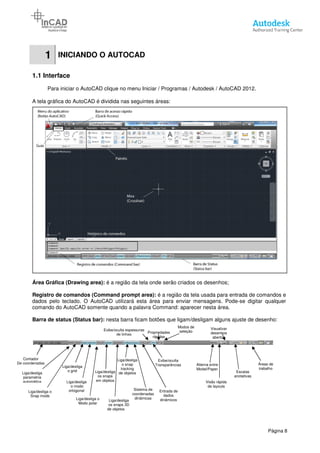 1 INICIANDO O AUTOCAD
1.1 Interface
Para iniciar o AutoCAD clique no menu Iniciar /
A tela gráfica do AutoCAD é dividida nas seguintes áreas:
Área Gráfica (Drawing area): é a região da tela onde serão criados os desenhos;
Registro de comandos (Command prompt area):
dados pelo teclado. O AutoCAD utilizará esta área para enviar mensagens. Pode
comando do AutoCAD somente quando a palavra Command: aparecer nesta área.
Barra de status (Status bar): nesta barra ficam botões que ligam/desligam al
Contador
De coordenadas
Liga/desliga
parametria
automática
Liga/desliga o
Snap mode
Liga/desliga
o grid
Liga/desliga
o modo
ortogonal
Liga/desliga o
Modo polar
Liga/desliga
os snaps
em objetos
Liga/desliga
os snaps 3D
de objetos
Exibe/oculta espessuras
INICIANDO O AUTOCAD
AutoCAD clique no menu Iniciar / Programas / Autodesk / AutoCAD 2012.
A tela gráfica do AutoCAD é dividida nas seguintes áreas:
é a região da tela onde serão criados os desenhos;
omandos (Command prompt area): é a região da tela usada para entrada de comandos e
dados pelo teclado. O AutoCAD utilizará esta área para enviar mensagens. Pode
comando do AutoCAD somente quando a palavra Command: aparecer nesta área.
nesta barra ficam botões que ligam/desligam alguns ajuste de desenho:
Liga/desliga
Liga/desliga
os snaps 3D
de objetos
Liga/desliga
o snap
tracking
de objetos
Sistema de
coordenadas
dinâmicas
Entrada de
dados
dinâmicos
Exibe/oculta espessuras
de linhas
Exibe/oculta
Transparências
Propriedades
rápidas
Modos de
seleção
Alterna entre
Model/Paper
Visão rápida
de layouts
Visualizar
desenhos
abertos
Página 8
AutoCAD 2012.
é a região da tela usada para entrada de comandos e
dados pelo teclado. O AutoCAD utilizará esta área para enviar mensagens. Pode-se digitar qualquer
guns ajuste de desenho:
Escalas
anotativas
Áreas de
trabalho
 