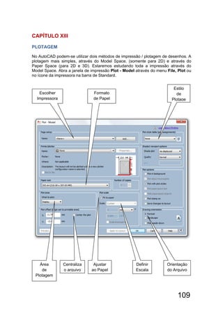 109
CAPÍTULO XllI
PLOTAGEM
No AutoCAD podem-se utilizar dois métodos de impressão / plotagem de desenhos. A
plotagem mais simples, através do Model Space. (somente para 2D) e através do
Paper Space (para 2D e 3D). Estaremos estudando toda a impressão através do
Model Space. Abra a janela de impressão Plot - Model através do menu File, Plot ou
no ícone da impressora na barra de Standard.
Escolher
Impressora
Formato
de Papel
Estilo
de
Plotage
Área
de
Plotagem
Centraliza
o arquivo
Ajustar
ao Papel
Definir
Escala
Orientação
do Arquivo
 
