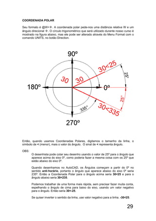 29
COORDENADA POLAR
Seu formato é @W<Φ. A coordenada polar pede-nos uma distância relativa W e um
ângulo direcional Φ. O círculo trigonométrico que será utilizado durante nosso curso é
mostrado na figura abaixo, mas ele pode ser alterado através do Menu Format com o
comando UNITS, no botão Direction.
Então, quando usamos Coordenadas Polares, digitamos o tamanho da linha, o
símbolo de < (menor), mais o valor do ângulo. O sinal de < representa ângulo.
OBS:
O desenhista pode cotar seu desenho usando o valor de 25º para o ângulo que
aparece acima do eixo 0º, como poderia fazer a mesma coisa com os 25º que
estão abaixo do eixo 0º.
Quando desenhamos no AutoCAD, os Ângulos começam a partir do 0º no
sentido anti-horário, portanto o ângulo que aparece abaixo do eixo 0º seria
235º. Então a Coordenada Polar para o ângulo acima seria 30<25 e para o
ângulo abaixo seria 30<235.
Podemos trabalhar de uma forma mais rápida, sem precisar fazer muita conta,
espelhando o ângulo de cima para baixo do eixo, usando um valor negativo
para o ângulo. Então seria 30<-25.
Se quiser inverter o sentido da linha, use valor negativo para a linha. -30<25.
 