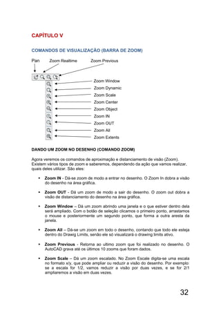 32
CAPÍTULO V
COMANDOS DE VISUALIZAÇÃO (BARRA DE ZOOM)
Pan Zoom Realtime Zoom Previous
Zoom Window
Zoom Dynamic
Zoom Scale
Zoom Center
Zoom Object
Zoom IN
Zoom OUT
Zoom All
Zoom Extents
DANDO UM ZOOM NO DESENHO (COMANDO ZOOM)
Agora veremos os comandos de aproximação e distanciamento de visão (Zoom).
Existem vários tipos de zoom e saberemos, dependendo da ação que vamos realizar,
quais deles utilizar. São eles:
 Zoom IN - Dá-se zoom de modo a entrar no desenho. O Zoom In dobra a visão
do desenho na área gráfica.
 Zoom OUT - Dá um zoom de modo a sair do desenho. O zoom out dobra a
visão de distanciamento do desenho na área gráfica.
 Zoom Window – Dá um zoom abrindo uma janela e o que estiver dentro dela
será ampliado. Com o botão de seleção clicamos o primeiro ponto, arrastamos
o mouse e posteriormente um segundo ponto, que forma a outra aresta da
janela.
 Zoom All – Dá-se um zoom em todo o desenho, contando que todo ele esteja
dentro do Drawig Limits, senão ele só visualizará o drawing limits ativo.
 Zoom Previous - Retorna ao ultimo zoom que foi realizado no desenho. O
AutoCAD grava até os últimos 10 zooms que foram dados.
 Zoom Scale – Dá um zoom escalado. No Zoom Escale digita-se uma escala
no formato x/y, que pode ampliar ou reduzir a visão do desenho. Por exemplo:
se a escala for 1/2, vamos reduzir a visão por duas vezes, e se for 2/1
ampliaremos a visão em duas vezes.
 
