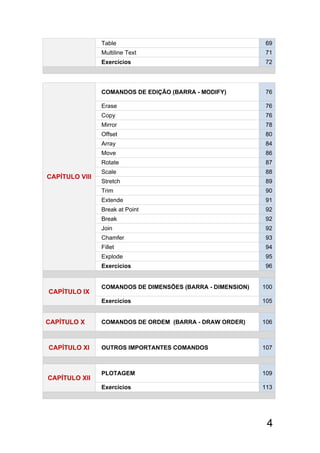 4
Table 69
Multiline Text 71
Exercícios 72
CAPÍTULO Vlll
COMANDOS DE EDIÇÃO (BARRA - MODIFY) 76
Erase 76
Copy 76
Mirror 78
Offset 80
Array 84
Move 86
Rotate 87
Scale 88
Stretch 89
Trim 90
Extende 91
Break at Point 92
Break 92
Join 92
Chamfer 93
Fillet 94
Explode 95
Exercícios 96
CAPÍTULO lX
COMANDOS DE DIMENSÕES (BARRA - DIMENSION) 100
Exercícios 105
CAPÍTULO X COMANDOS DE ORDEM (BARRA - DRAW ORDER) 106
CAPÍTULO Xl OUTROS IMPORTANTES COMANDOS 107
CAPÍTULO Xll
PLOTAGEM 109
Exercícios 113
 