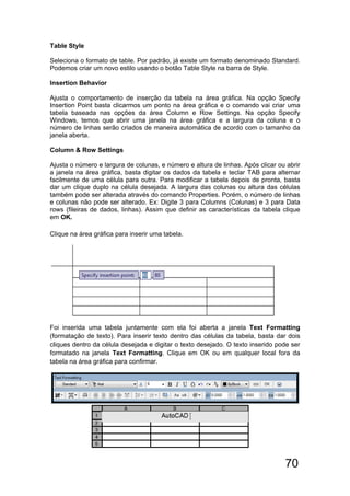 70
Table Style
Seleciona o formato de table. Por padrão, já existe um formato denominado Standard.
Podemos criar um novo estilo usando o botão Table Style na barra de Style.
Insertion Behavior
Ajusta o comportamento de inserção da tabela na área gráfica. Na opção Specify
Insertion Point basta clicarmos um ponto na área gráfica e o comando vai criar uma
tabela baseada nas opções da área Column e Row Settings. Na opção Specify
Windows, temos que abrir uma janela na área gráfica e a largura da coluna e o
número de linhas serão criados de maneira automática de acordo com o tamanho da
janela aberta.
Column & Row Settings
Ajusta o número e largura de colunas, e número e altura de linhas. Após clicar ou abrir
a janela na área gráfica, basta digitar os dados da tabela e teclar TAB para alternar
facilmente de uma célula para outra. Para modificar a tabela depois de pronta, basta
dar um clique duplo na célula desejada. A largura das colunas ou altura das células
também pode ser alterada através do comando Properties. Porém, o número de linhas
e colunas não pode ser alterado. Ex: Digite 3 para Columns (Colunas) e 3 para Data
rows (fileiras de dados, linhas). Assim que definir as características da tabela clique
em OK.
Clique na área gráfica para inserir uma tabela.
Foi inserida uma tabela juntamente com ela foi aberta a janela Text Formatting
(formatação de texto). Para inserir texto dentro das células da tabela, basta dar dois
cliques dentro da célula desejada e digitar o texto desejado. O texto inserido pode ser
formatado na janela Text Formatting. Clique em OK ou em qualquer local fora da
tabela na área gráfica para confirmar.
 