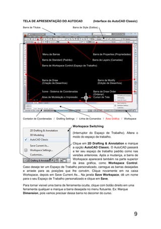 9
TELA DE APRESENTAÇÃO DO AUTOCAD (Interface do AutoCAD Classic)
Barra de Títulos Barra de Style (Estilos)
Menu de Barras Barra de Properties (Propriedades)
Barra de Standard (Padrão) Barra de Layers (Camadas)
Barra de Workspace Control (Espaço de Trabalho)
Barra de Draw Barra de Modify
(Criação de Desenhos) (Edição de Desenhos)
Ícone - Sistema de Coordenadas Barra de Draw Order
(Ordenar)
Abas de Modelação e Impressão Cursor de Tela
Contador de Coordenadas / Drafting Settings / Linha de Comandos / Área Gráfica / Workspace
Workspace Switching
(Interruptor do Espaço de Trabalho). Altera o
modo do espaço de trabalho.
Clique em 2D Drafting & Annotation e marque
a opção AutoCAD Classic. O AutoCAD passará
a ter seu espaço de trabalho padrão como nas
versões anteriores. Após a mudança, a barra de
Workspace aparecerá também na parte superior
da área gráfica, como Workspace Control.
Caso deseje ter um Espaço de Trabalho personalizado, carregue as barras desejadas
e arraste para as posições que lhe convém. Clique novamente em na caixa
Workspace, depois em Save Current As... Na janela Save Workspace, dê um nome
para o seu Espaço de Trabalho personalizado e clique em Save.
Para tornar visível uma barra de ferramenta oculta, clique com botão direito em uma
ferramenta qualquer e marque a barra desejada no menu flutuante. Ex: Marque
Dimension, pois vamos precisar dessa barra no decorrer do curso.
 