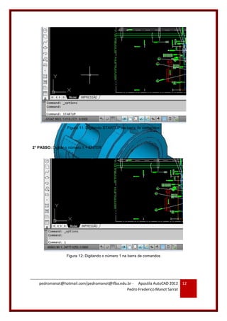 pedromanot@hotmail.com/pedromanot@ifba.edu.br - Apostila AutoCAD 2012
Pedro Frederico Manot Sarrat
12
Figura 11: Digitando STARTUP na barra de comandos
2° PASSO: Digitar o número 1 + ENTER
Figura 12: Digitando o número 1 na barra de comandos
 