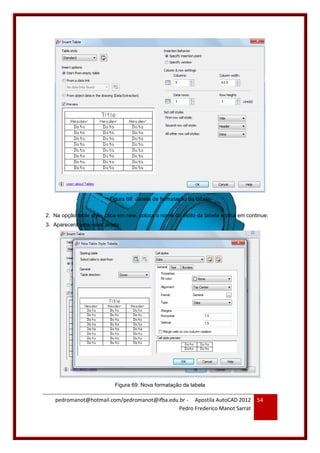 pedromanot@hotmail.com/pedromanot@ifba.edu.br - Apostila AutoCAD 2012
Pedro Frederico Manot Sarrat
54
Figura 68: Janela de formatação da tabela
2. Na opção table style, clica em new, coloca o nome do estilo da tabela e clica em continue;
3. Aparecerá uma nova janela:
Figura 69: Nova formatação da tabela
 
